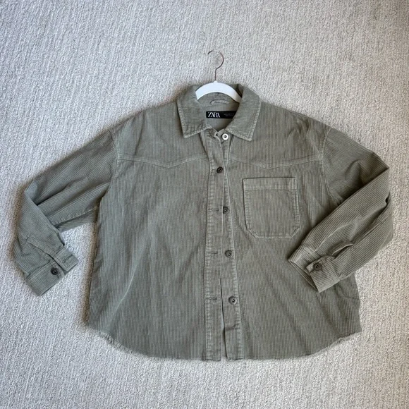 ZARA- Western Green Corduroy Shacket with Frayed Hem - Picture 1 of 7